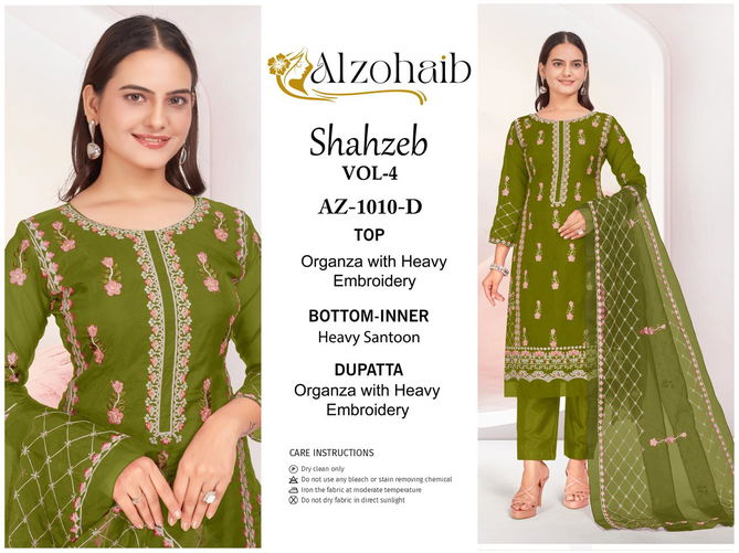 Shahzeb Vol 4 A to D By Alzohaib Organza Embroidery Pakistani Suits Wholesale Online
